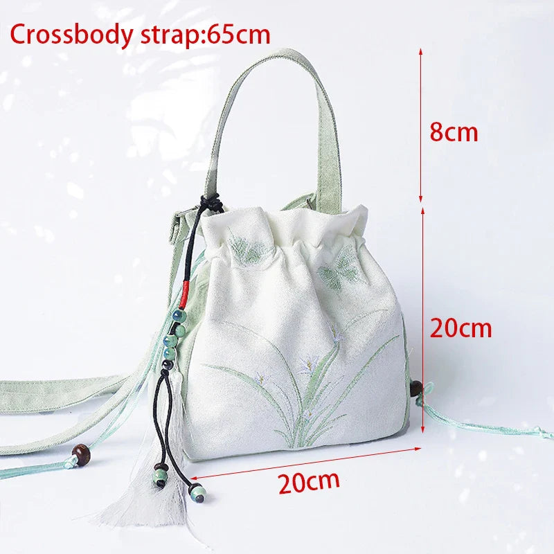 Chinese Style Women's Drawstring Bag Vintage Flower Embroidery Hanfu Handbag Street Fashion Girls Bucket Shape Shoulder Bag