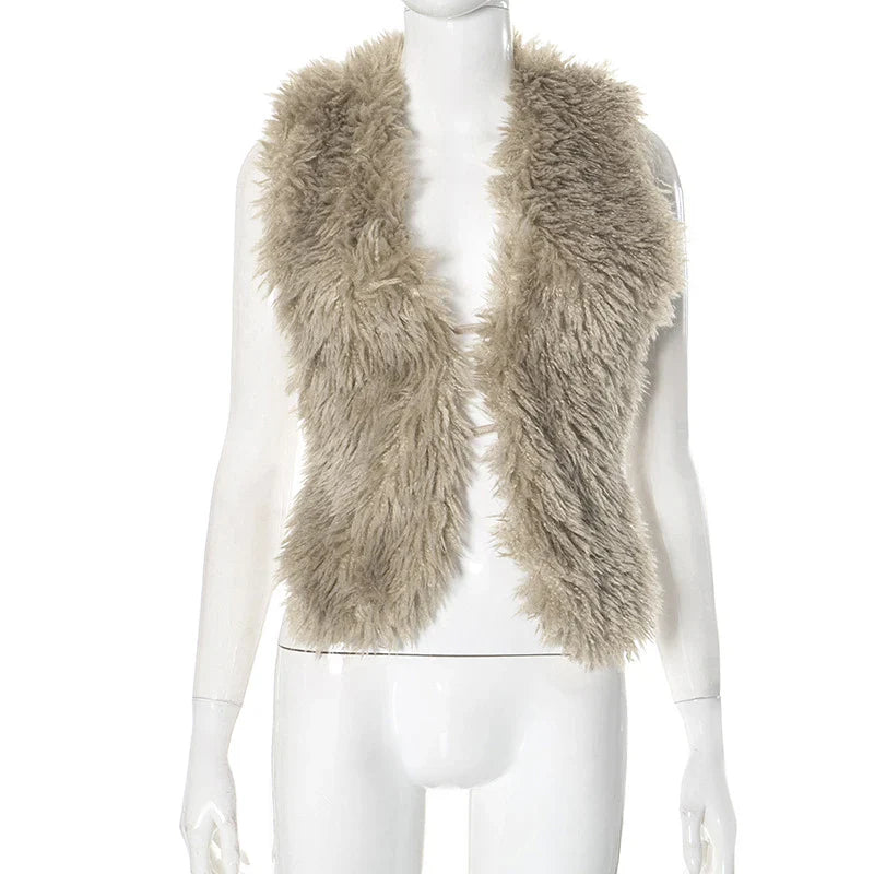 BKLD Sexy Temperament Fluffy Tops For Women High Street Y2K Nightclub Outfits Faux Fur Backless Lacing Solid 2025 Vest Waistcoat