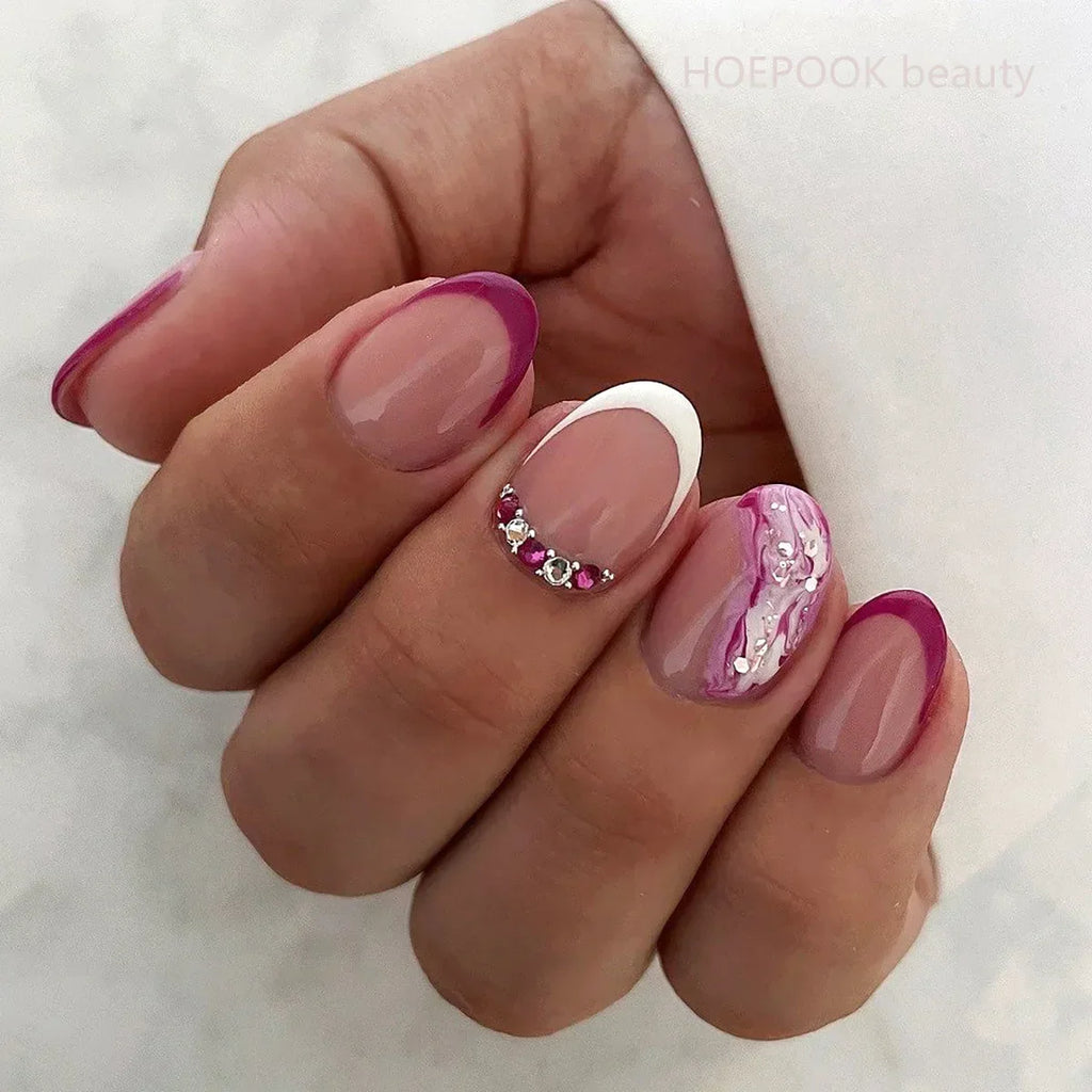 24pcs Nude French Fake Nails White Edge Almond False Nails Art Full Coverage Removable Waterproof Artificial Press on Nail