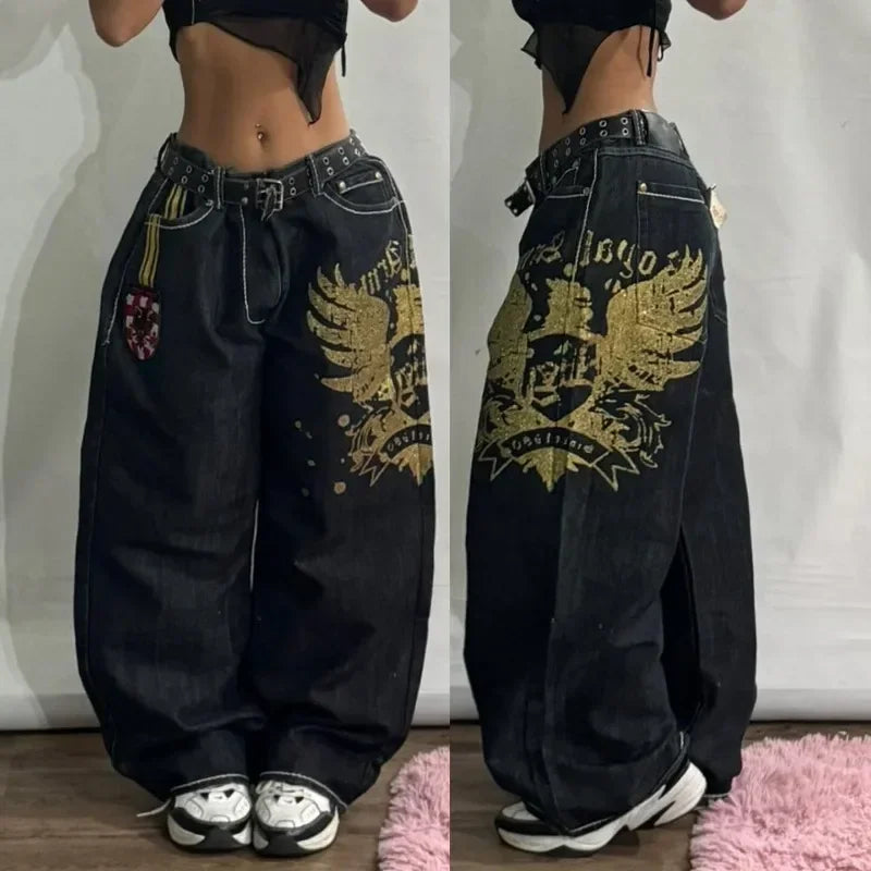2000s Baggy Jeans Women New Harajuku Hip Hop Wing Print Oversized Jeans Gothic High Waist Wide Leg Pants Men Trousers Streetwear