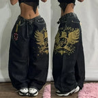 2000s Baggy Jeans Women New Harajuku Hip Hop Wing Print Oversized Jeans Gothic High Waist Wide Leg Pants Men Trousers Streetwear