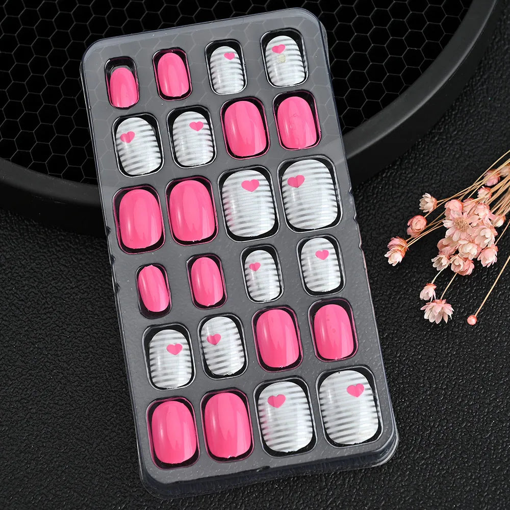 24Pcs Children Cartoon Nail Tips Colorful Cute Rabbit Pink Stars 6-14 Years old Girl Fake Nail With Jelly Glue Kids False Nail