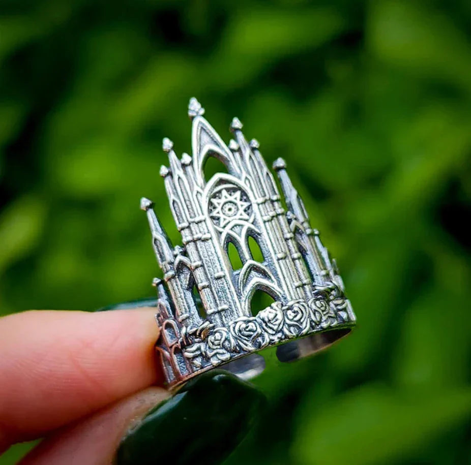 1pc Vintage Castle Architectural Style Hollow Out Fiowers Geometry Gothic Metal Silver Color Open Ring Woman Party Prom