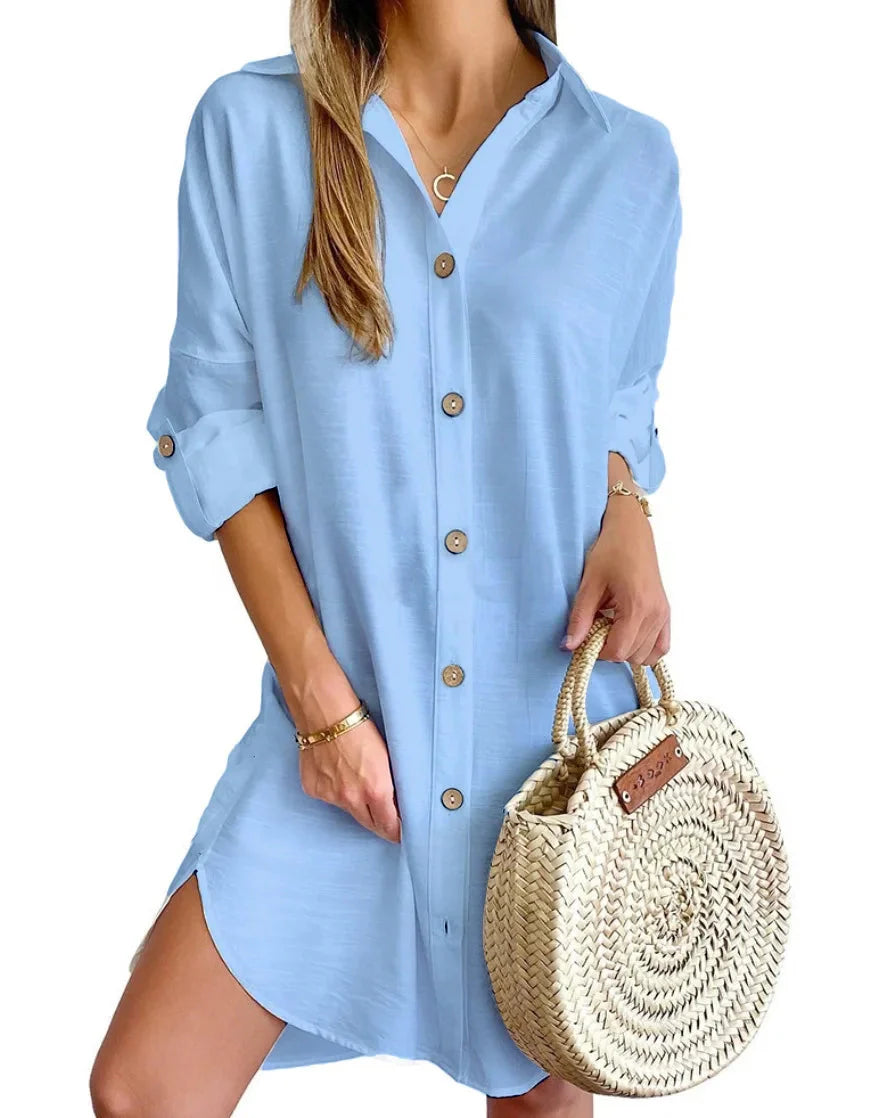 Elegant Women's White Spring And Autumn Casual Long Sleeved Lapel Button Up Shirt Dress 2024 Fashionable Woman Loose Mini Dress