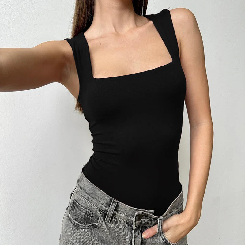 Darlingaga Casual Square Neck Fitness Summer Bodysuit Women Sleeveless Solid Basic One Piece Bodies Sporty Sexy Rompers Outfits