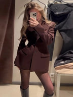 Elegant Lapel Blazer Mini Skirts Sets Women Casual Burgundy Jackets Suit With Hip Package Skirt Female 2025 Spring Chic Outfits