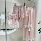 Blue Pajamas Set Elegant Home Clothes Ice Silk Sleepwear Women Loose Trousers Suit Four Seasons Loungewear Sexy Lace Nightgown