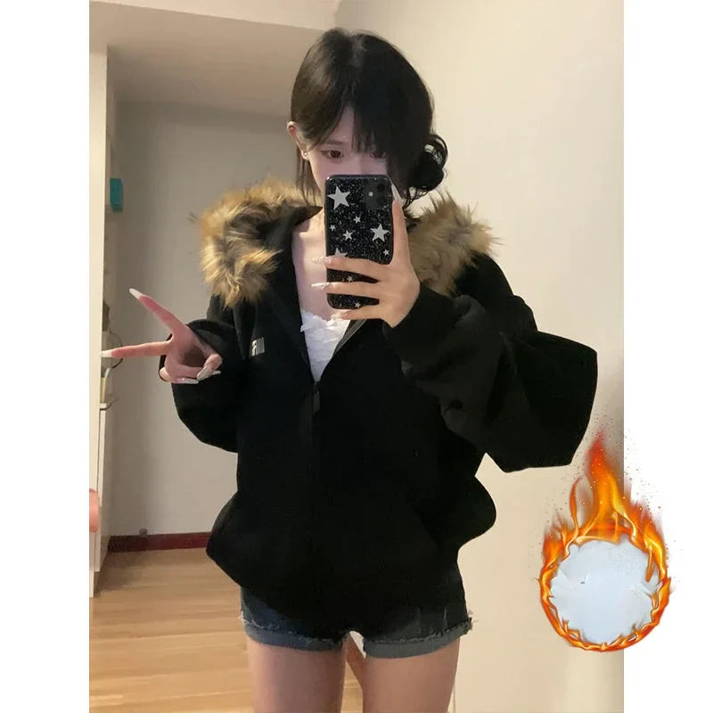 Deeptown Women Black Zip Up Hoodies Vintage Korean Preppy Style Faux Fur Coat Oversized Casual Sweatshirt Harajuku Autumn Winter