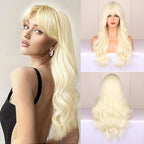 Blonde synthetic wig with straight bangs Ladies Cosplay wig High temperature silk wig set with big waves and long curly hair