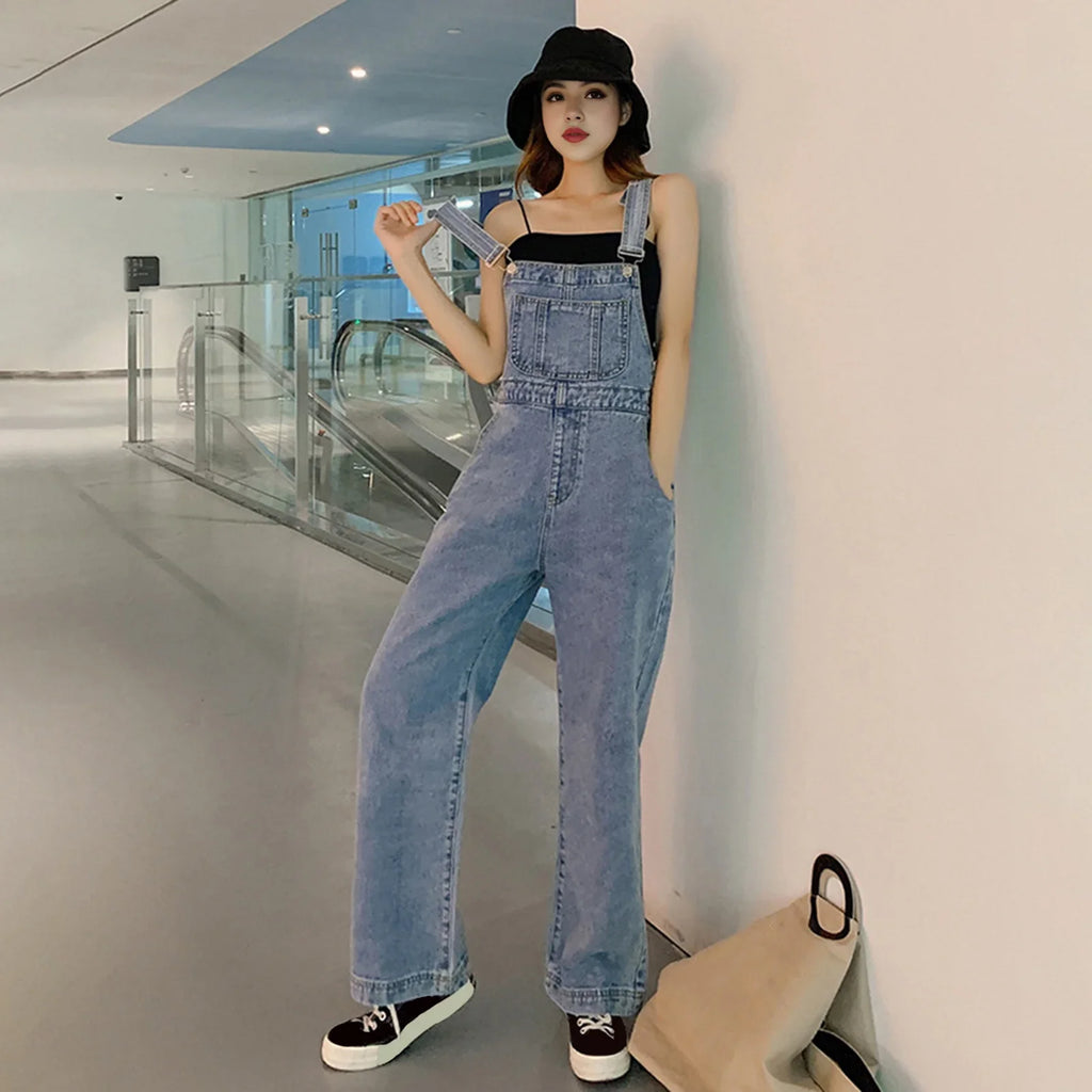 Denim Jumpsuit Summer Women Vintage Preppy Style Pockets Loose Fit High Waist Wide Leg Overalls Streetwear Straight Jeans