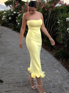 Dulzura Sleeveless Ruffles Patchwork Strapless Bodycon Midi Dress Women'S Solid Sexy Outfit Party Clubwear For Autumn Winter