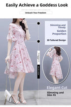 Ele Summer  Women's Midi Dr ang Hai Sle Sweet Princ round Ne ort Sve A-Line Skirt Printed Chiffon Dr