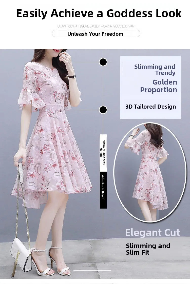 Ele Summer  Women's Midi Dr ang Hai Sle Sweet Princ round Ne ort Sve A-Line Skirt Printed Chiffon Dr