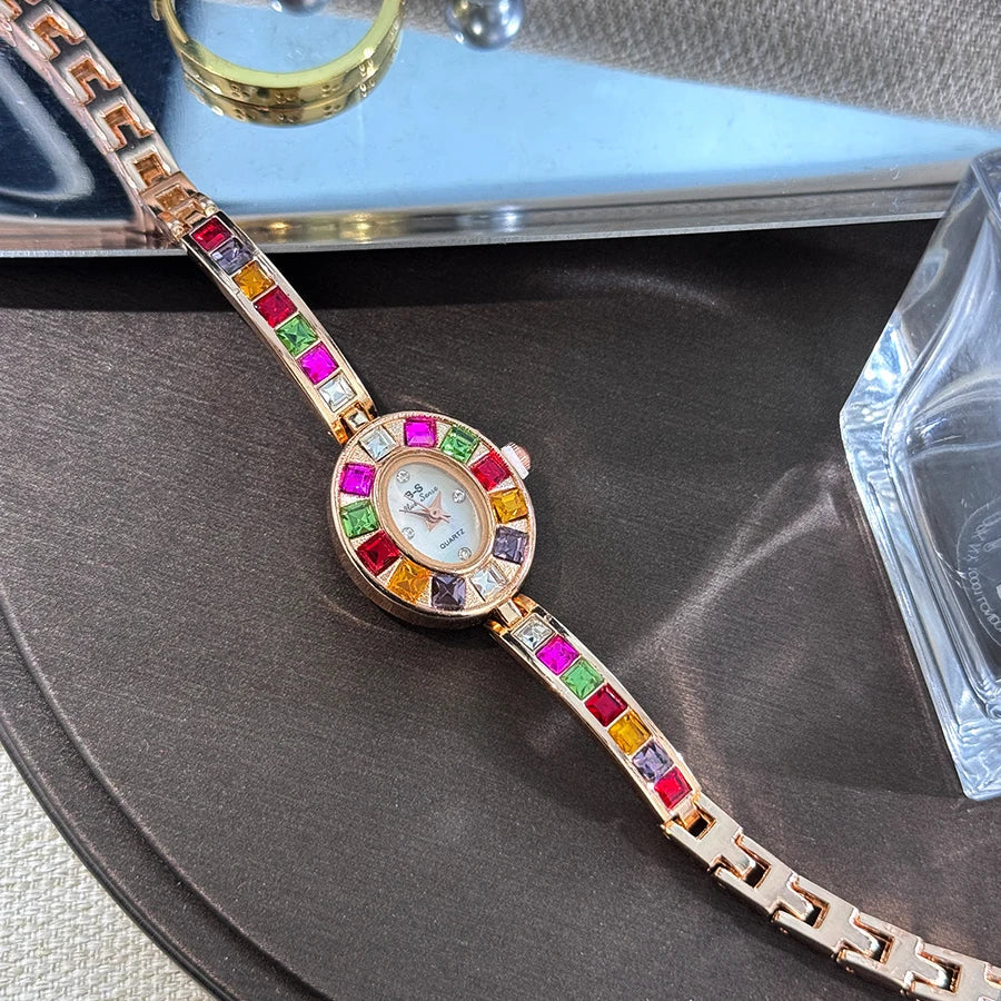 Color zircon advanced sense diamond set women's watch niche bracelet bracelet Small exquisite quartz watch cross-border hot sale