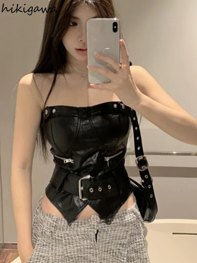 Crop Tops Sexy PU Y2k Tanks Women Clothing Fashion Summer Camis 2025 Ropa Mujer Slim Waist Irregular Backless Harajuku Vest