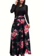 Autumn hot selling European and American flower color matching dresses, long dresses, women's clothing in stock