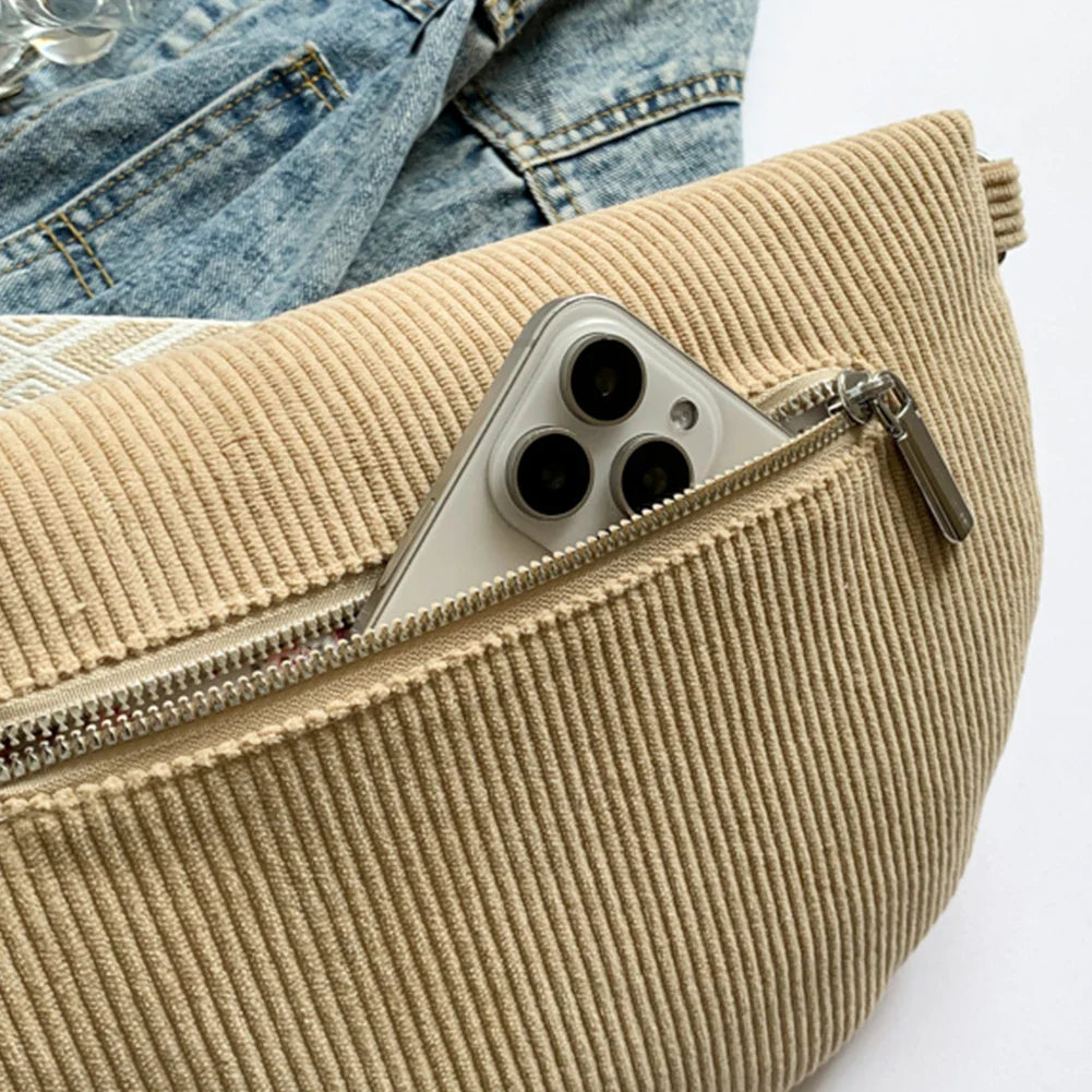 Corduroy Chest Bag Fashion Fanny Pack Wide Guitar Strap Casual Waist Bag Multi-pockets Hobo Sling Bag Outdoor Travel Bag