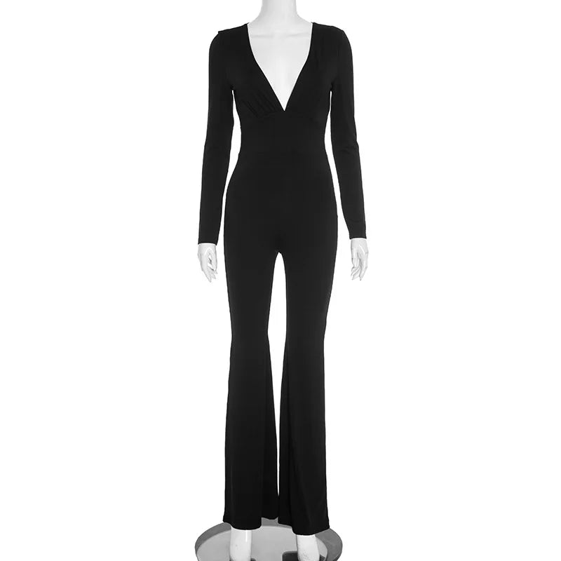 2025 Women Autumn Black Long Sleeve V Neck Jumpsuits Streetwear Bodycon Sexy Sporty Casual Rompers Fashion Overall Body Tops