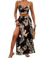 Elegant Deep V-neck Dress Women Summer Sleeveless Printed Vest Skirt Set Sexy High Slit Trend Dresses