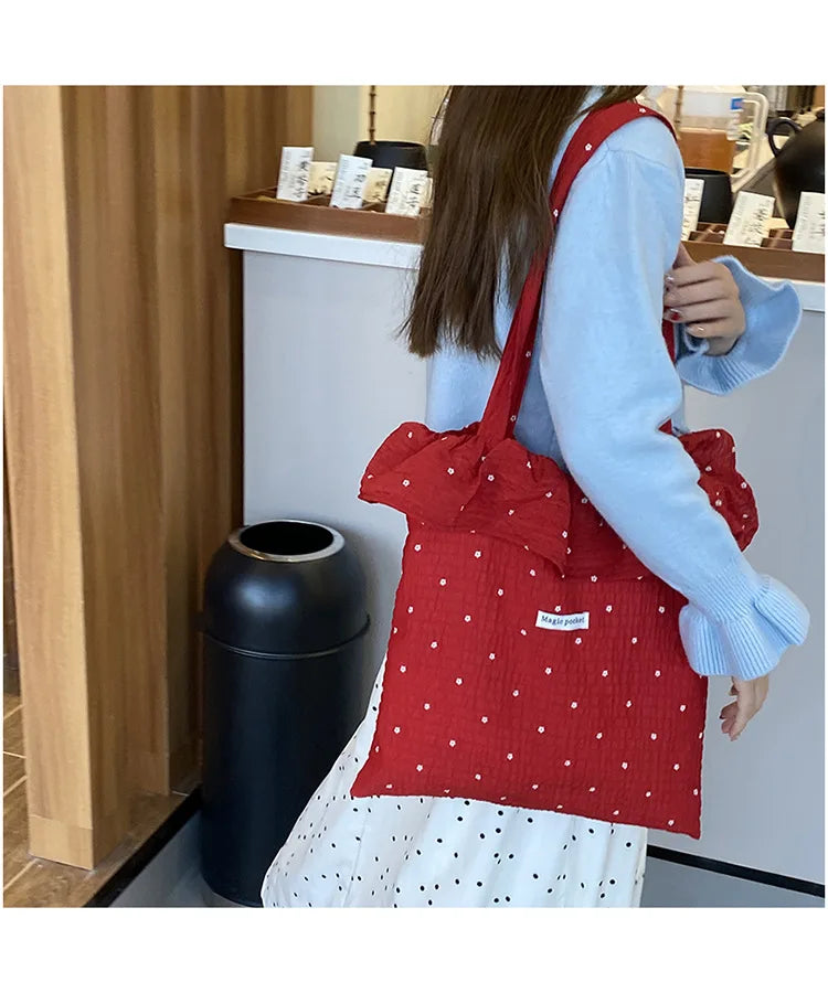 All-match Wave Point Chiffon Shoulder Bag Large Capacity Fairy Mesh Handbag Commuting Bag Korean Style Tote Bag Women