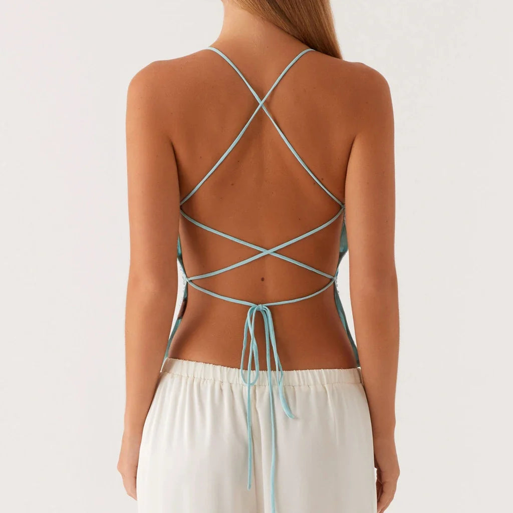 Combhasaki Women Summer Sleeveless Beading Camis Top V-neck Tie-up Cross Backless Pearl Glitter Sequin Flower Embroideried Vest