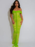 Beyprern Luxe Goddess Ruched Mesh Maxi Dress Elegant Women's Off Shoulder Pleated Bandage Beach Vacation Dress Holiday Outfits