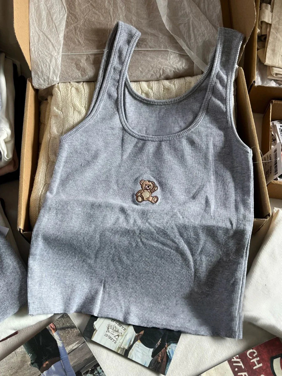Cute Animal Embroidery Tank Tops Women Summer Lace Trim Cotton Sleeveless Camisole Vests Solid Vintage Sweet Slim Crop Top Y2k