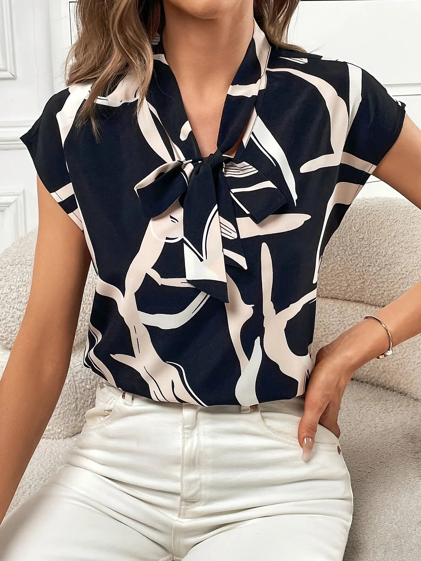 Brush Print Tie Neck Blouse, Elegant Short Sleeve Top For Spring & Summer, Women's Clothing