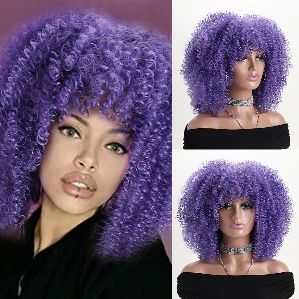 16 Inch Afro Kinky Curly Hair Wigs With Bangs Soft Fluffy Synthetic Fiber None Lace Wigs For Party Cosplay Daily Use