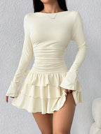 2025 Autumn Solid Slim Fit Cascading Ruffles Mini Dress Winter Women Elegant Flare Sleeve High Waist Sexy Party Bodycon Dresses
