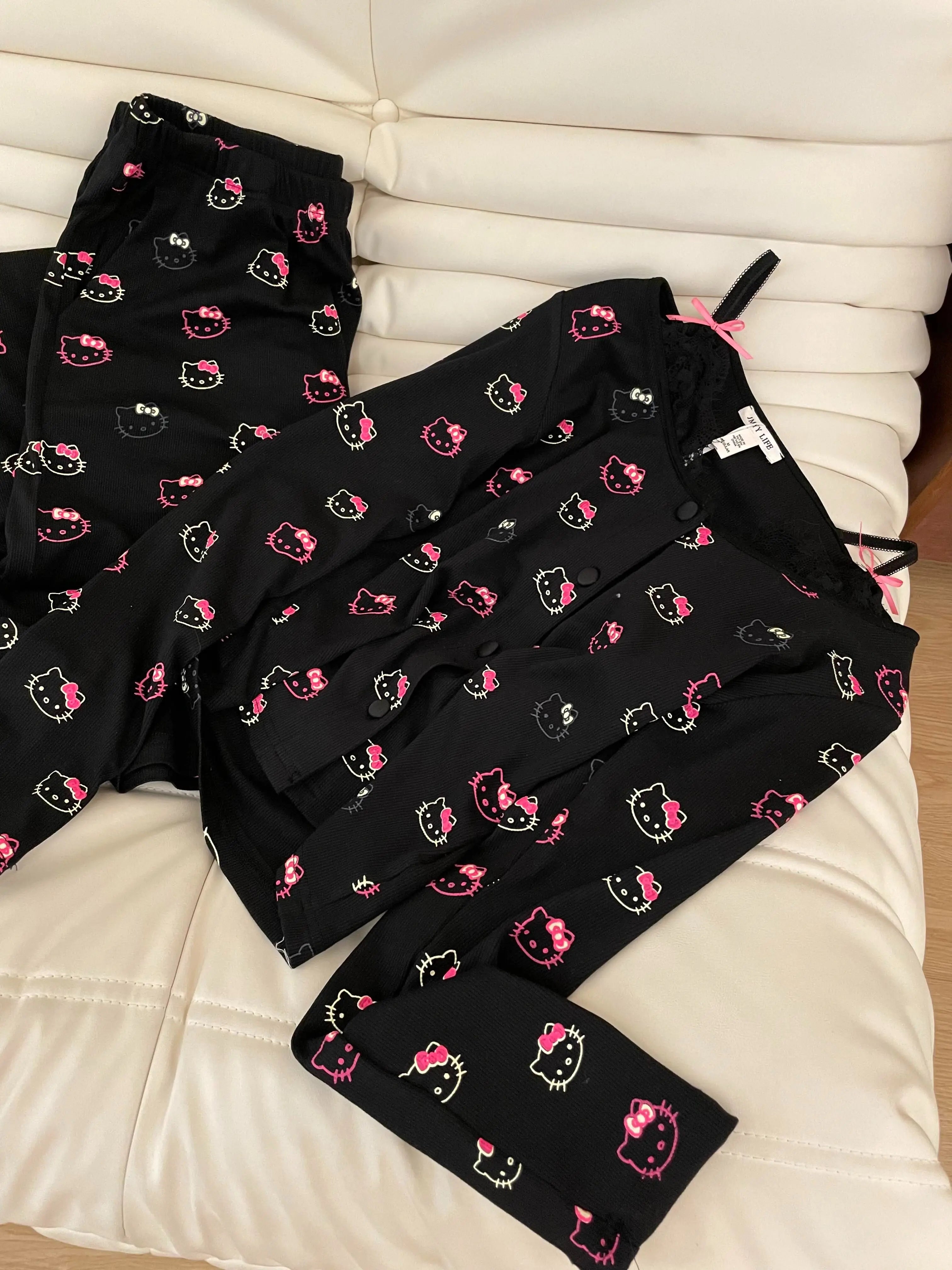 2Pcs/Set Girl's Cotton Pajama Built-in Bra Outdoor Wear Spring Autumn Hello Kitty Collection Home Clothing Sanrio Loungewear