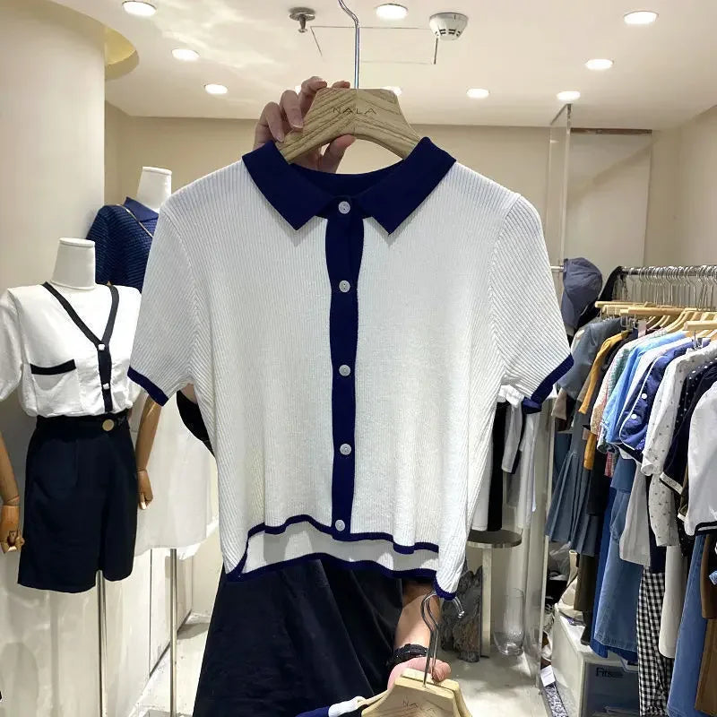 Elegant V-Knit Polo Neck Tee - Grey Short Sleeve Women's Top, Trendy & Unique Style