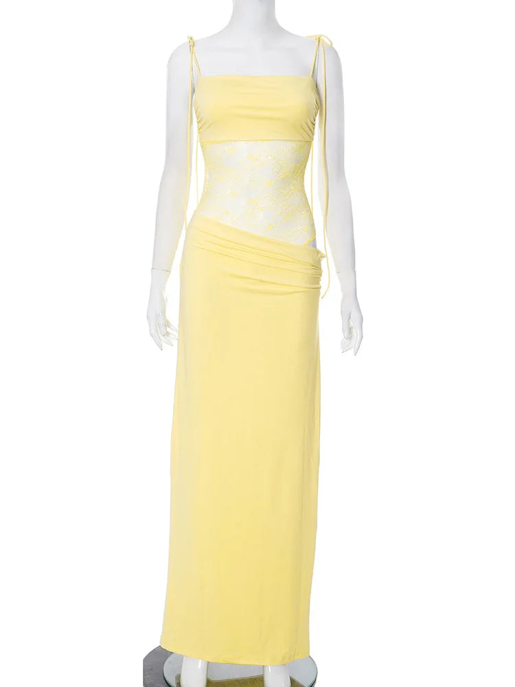 Elegant Lace Cut Out Maxi Dresses for Women 2025 Sexy Spaghetti Strap Patchwork Holidays Party Dress Summer Backless Long Dress