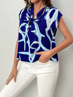 Brush Print Tie Neck Blouse, Elegant Short Sleeve Top For Spring & Summer, Women's Clothing
