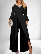 2024 Women's New Split Sequin Solid V-neck Basic Business Elegance Wide Leg Loose Sleeve Flare Sleeve Jumpsuit  Bodysuit