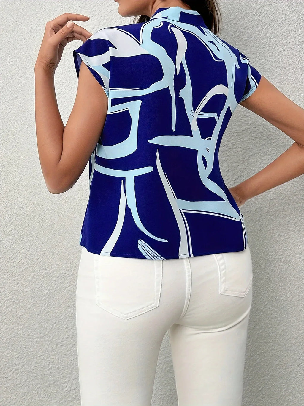 Brush Print Tie Neck Blouse, Elegant Short Sleeve Top For Spring & Summer, Women's Clothing