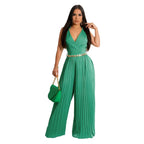 Elegant Solid Wide Leg Rompers Fashion High Waisted Lace Up Party Lady Play Suits Women Chic Sleeveless V Neck Jumpsuits