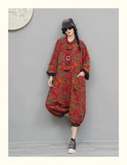 Artistic Large Floral Cotton Linen Chinese Style Button Embroidery Loose Casual Jumpsuit Women LX4344