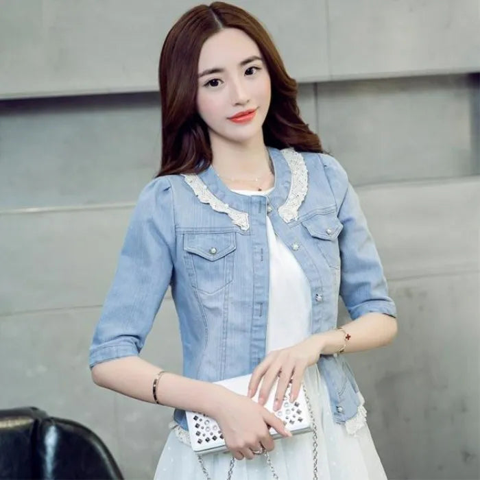 2023 Spring/Summer New Denim Jacket Women's Korean Casual Slim All-Match Short Crop Sleeve Short Sleeve Denim Button Up Top