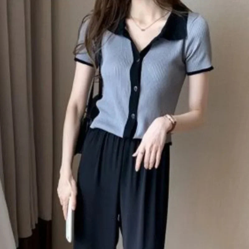 Elegant V-Knit Polo Neck Tee - Grey Short Sleeve Women's Top, Trendy & Unique Style