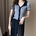 Elegant V-Knit Polo Neck Tee - Grey Short Sleeve Women's Top, Trendy & Unique Style