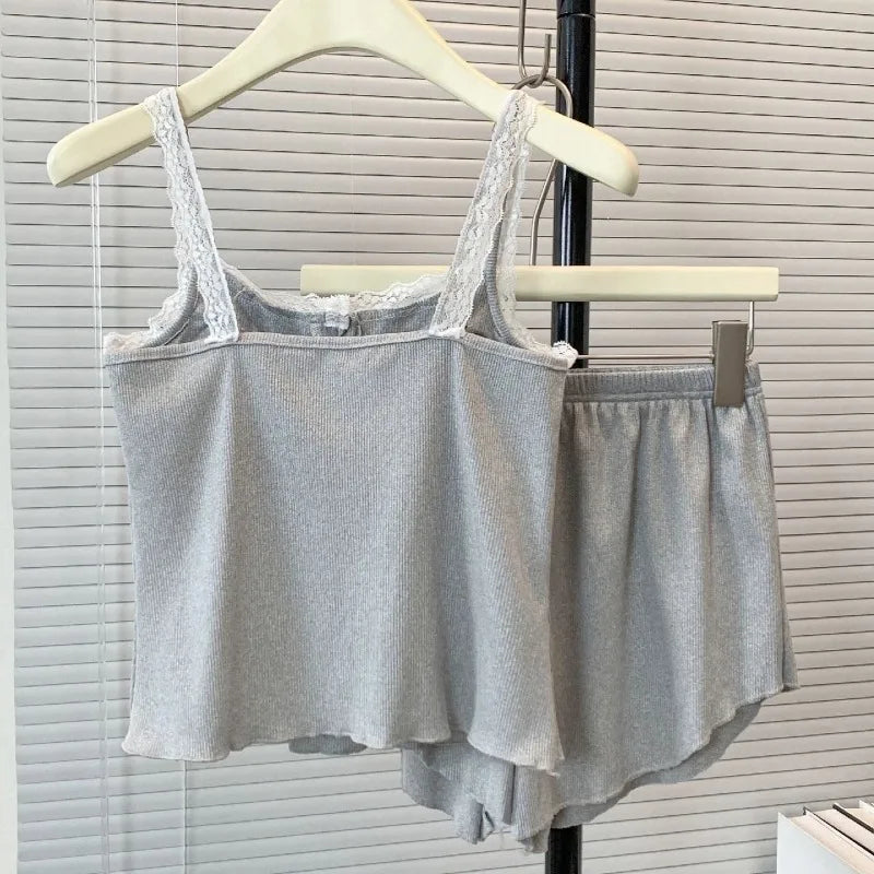 Casual Women Pajamas Summer Sleepwear Spaghetti Strap Shorts Sets 2 Pieces Night Wears O-neck Korean Sleeping Solid Home Suit