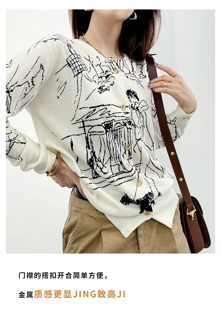 Graffiti Digital Jacquard Fine Imitation Fashion Wool Knitted Cardigan Women's 22 Spring Autumn Thin Loose Jacket Trendy Sweater
