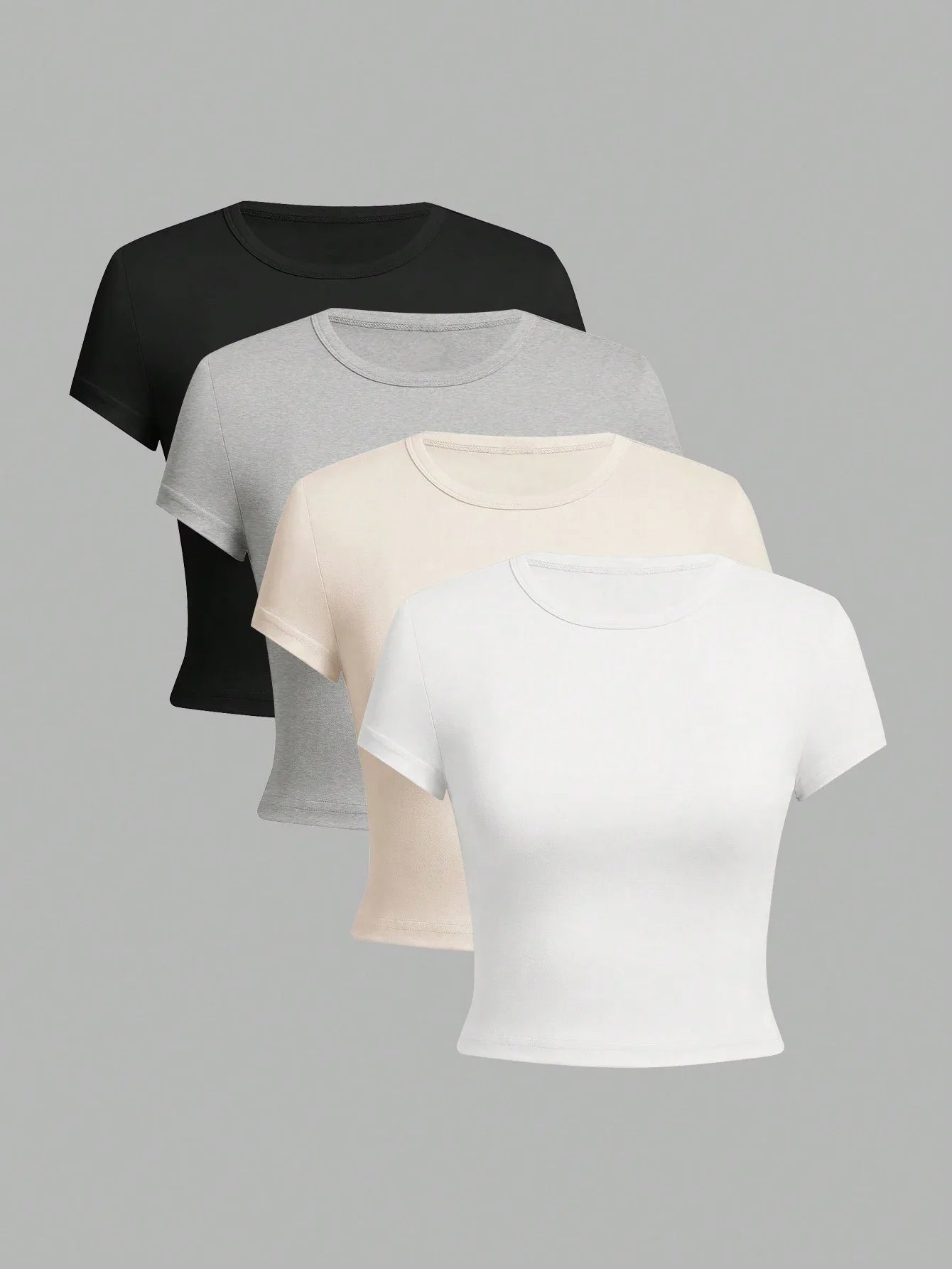 4 pieces Solid color basic short sleeved tight fitting T-shirt for women's casual summer minimalist women's style top O-neck