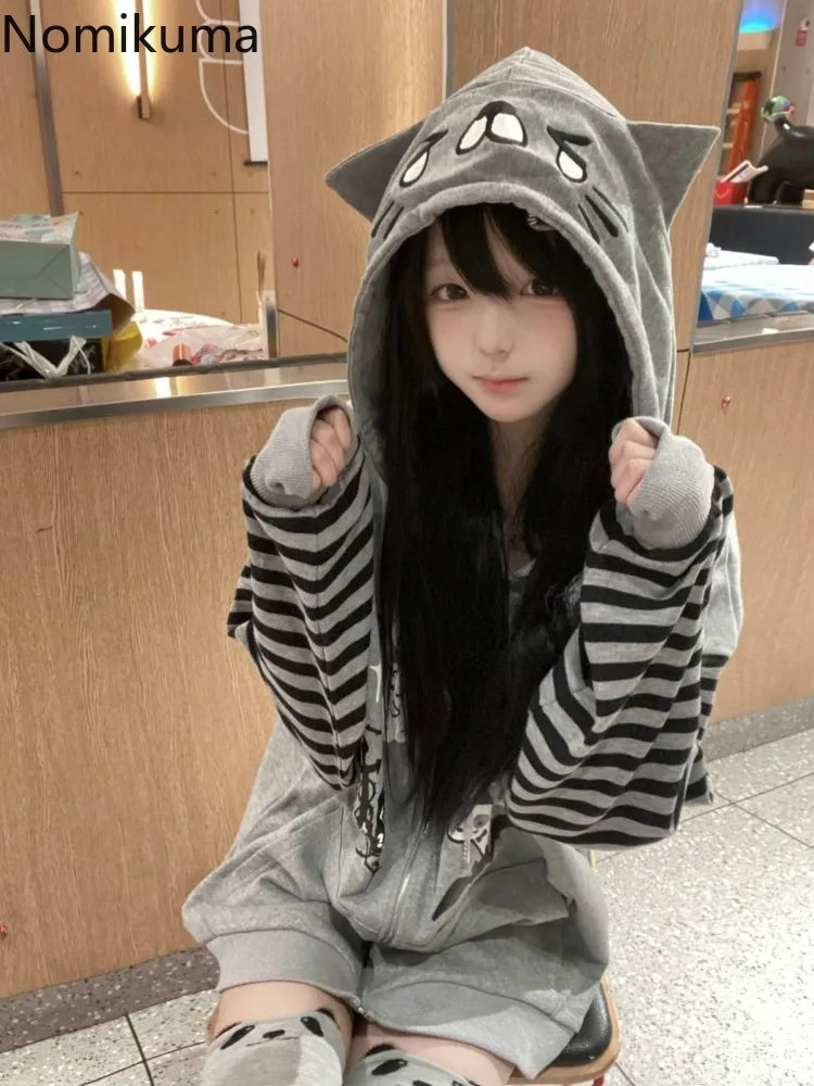Cat Ear Hooded Sweatshirts Jackets Women Clothing Y2k Tops Patchwork Striped Anime Hoodie Ropa Mujer Casual Fashion Hoodies Coat