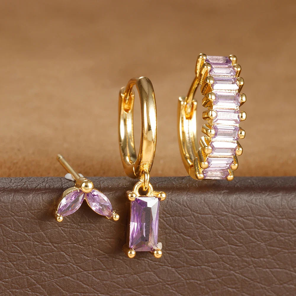 3PCS Stainless Steel Square Earrings Sets for Women Vintage Zircon Pendant Geometry Round Circle Hoop Earrings Piercing Jewelry