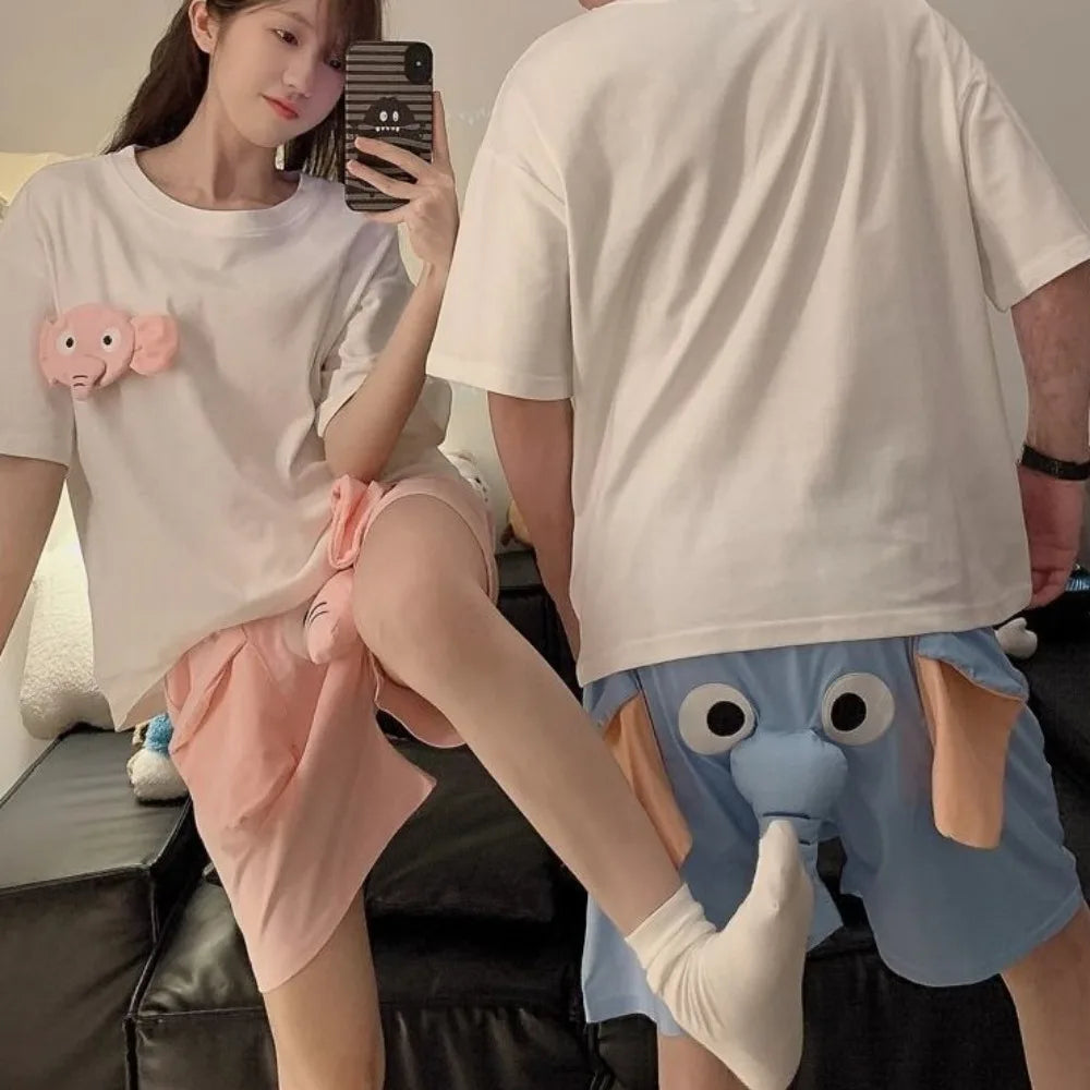 Cartoon 3D Ears Elephant Trunk Pajamas Nose Loose Short Sleeve Sleepwear Funny Couple Pajamas Suit Gifts