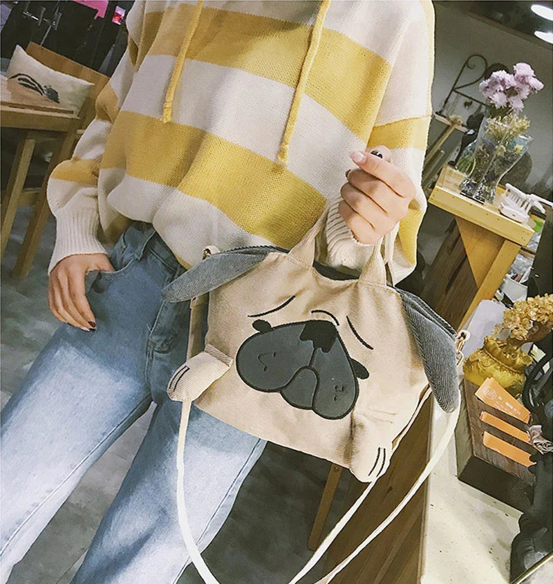 Cute Animal Handbags For Women Casual Travel Large Capacity Totes Shoulder Bags Pug Dog Corduroy Messenger Bag Feminine Bolsas