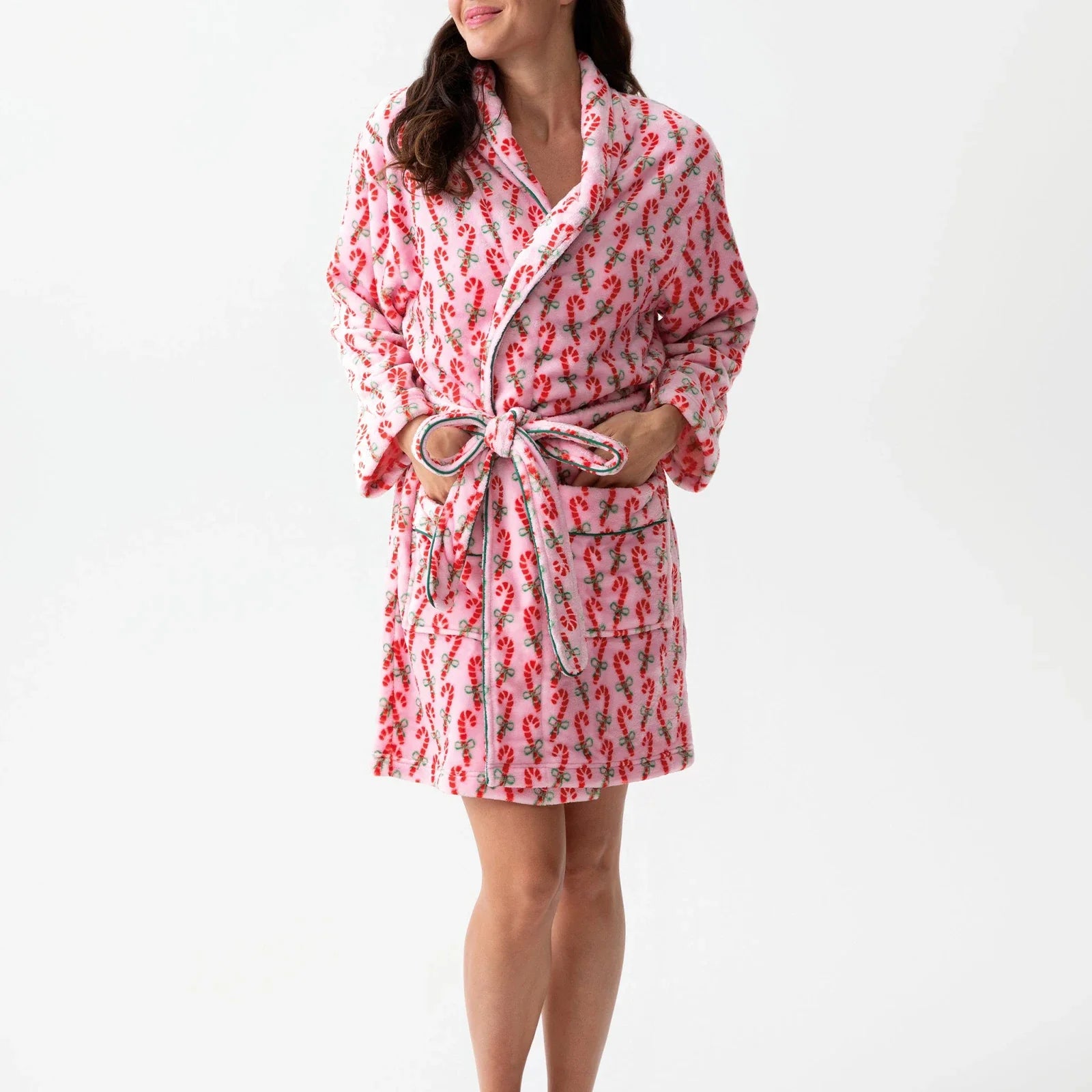 Dourbesty Women Striped Fleece Robe Fuzzy Y2K Printed Long Sleeve Shawl Collar Bath Robe Cute Plush Warm Kimono with Pocket 2025