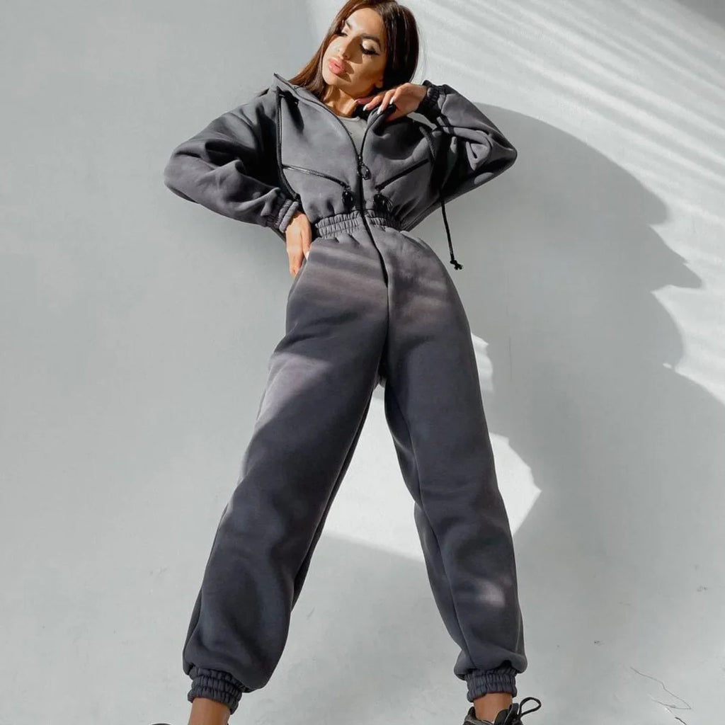 Autumn Women's Monochrome Long-Sleeved Jumpsuit Solid Color Zip-up Sportswear Female Winter Casual Tracksuit Fashionable Hoodies